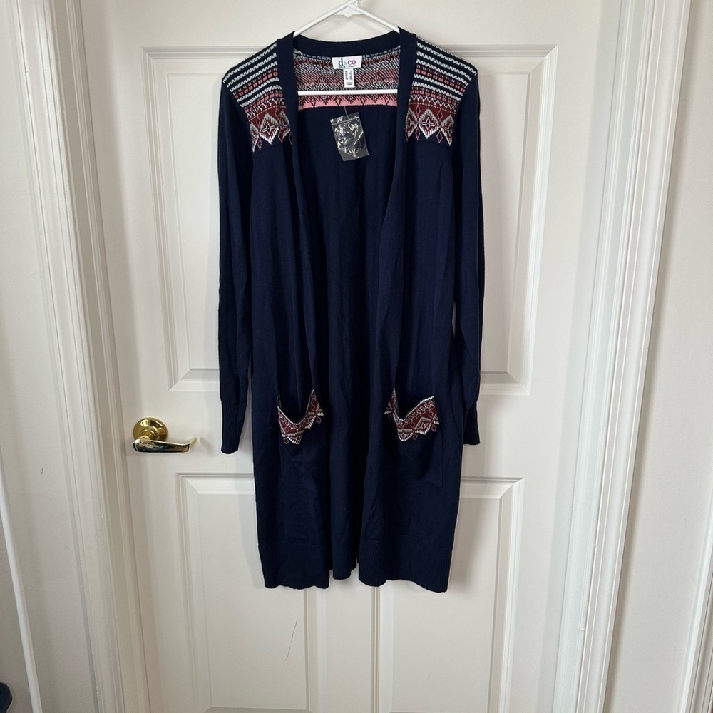Denim & Co Navy Blue Open Front Cardigan Sweater Fair Isle Jacquard Detail L